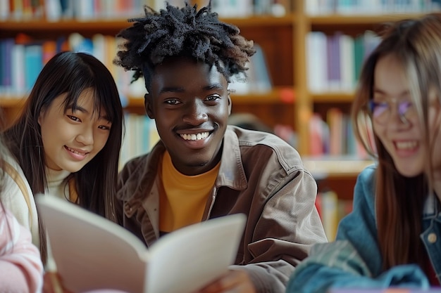 Jóvenes estudiantes inteligentes que estudian en la universidad con compañeros de clase diversos y multiétnicos