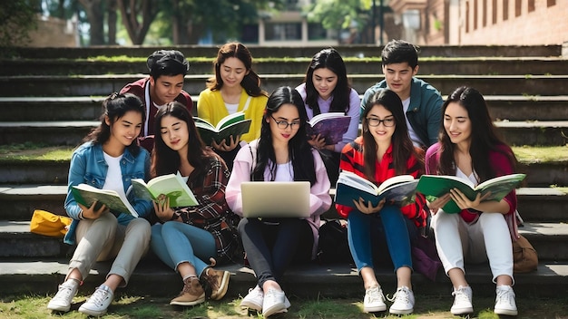 Jóvenes estudiantes universitarios asiáticos indios leyendo libros estudiando en la computadora portátil preparándose para un examen o trabajo