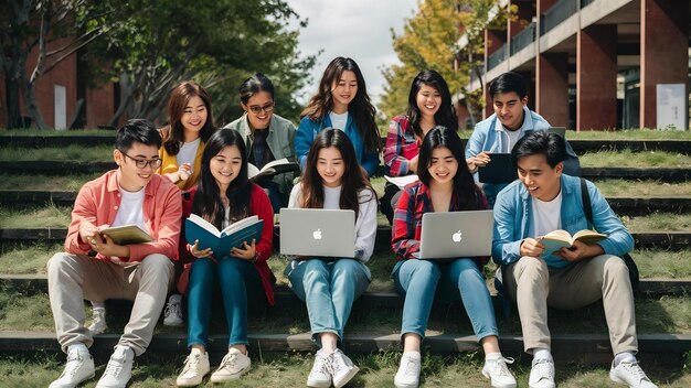 Jóvenes estudiantes universitarios asiáticos indios leyendo libros estudiando en la computadora portátil preparándose para un examen o trabajo