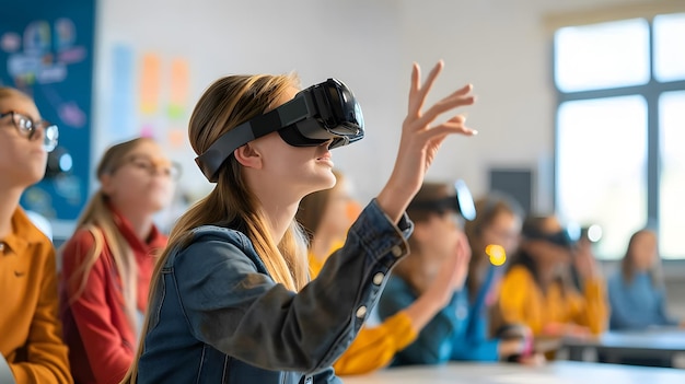 Jóvenes estudiantes usando tecnología de realidad virtual en un aula