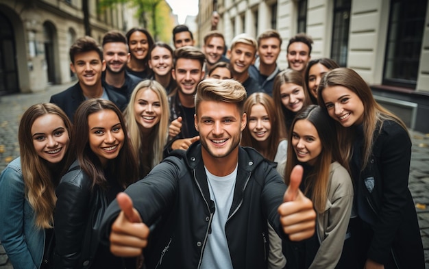 Jóvenes exitosos señalando en una foto grupal