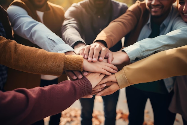 Jóvenes felices apilando las manos juntas al aire libre