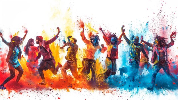 Jóvenes felices bailando y celebrando durante el festival de Música y Colores Vista panorámica