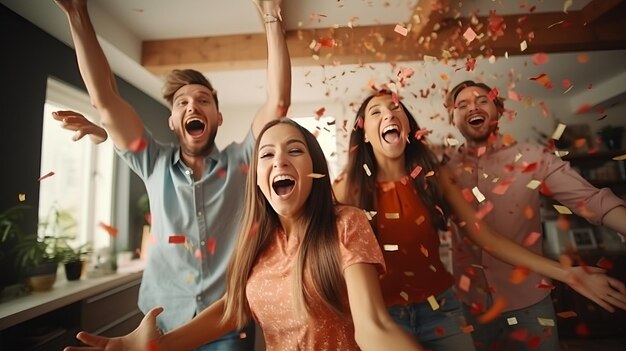 Foto jóvenes felices lanzando confeti y saltando mientras disfrutan de una fiesta en casa