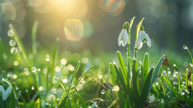 Jovenes flores de gotas de nieve cubiertas de gotitas de agua