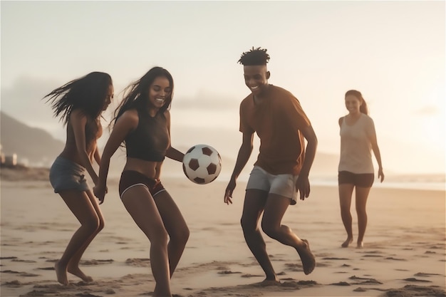 Jóvenes de fútbol de verano jugando con una pelota de fútbol en la playa con ropa colorida de verano