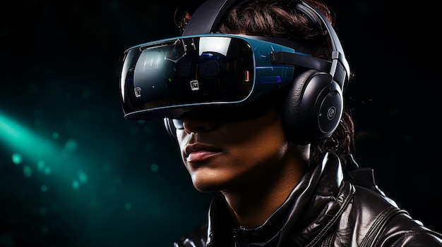 Jóvenes con gafas de realidad virtual sobre un fondo oscuro