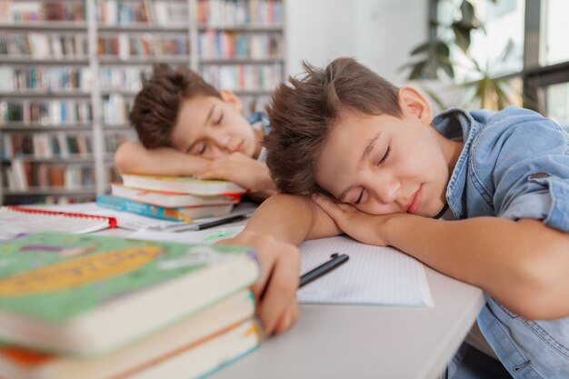 Jóvenes gemelos niños durmiendo en sus libros, sintiéndose exhaustos después de estudiar.