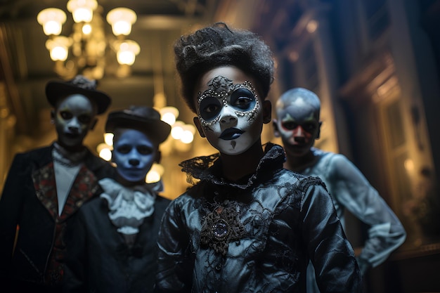 Jóvenes hacen disfraces de Halloween frente a una mansión embrujada centenaria