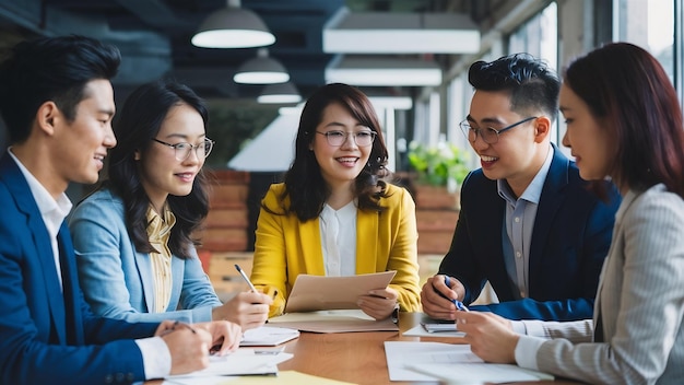 Jóvenes hombres y mujeres de negocios asiáticos felices se reúnen para intercambiar ideas sobre nuevos profesionales del papeleo