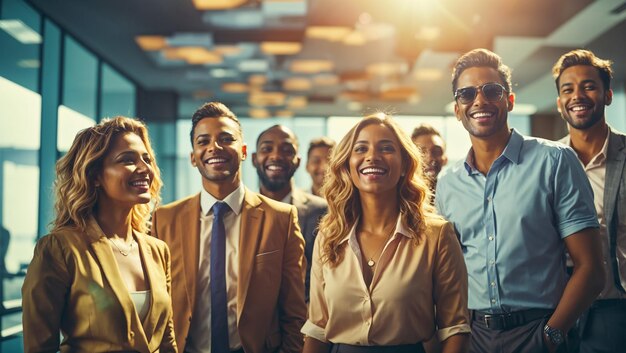 Jóvenes hombres y mujeres de negocios sonriendo contra el telón de fondo de la oficina
