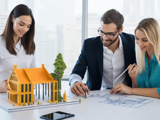 Foto los jóvenes ingenieros o arquitectos están comprobando sus trabajos a través de la tableta