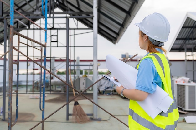 Jóvenes ingenieros trabajandoPlan para la construcción de un almacénVea los planos de construcción para la instalación de almacenamiento