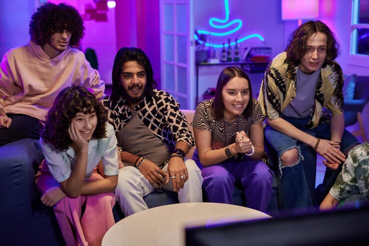 Foto jóvenes interculturales amigables en ropa casual viendo la televisión en la fiesta en casa