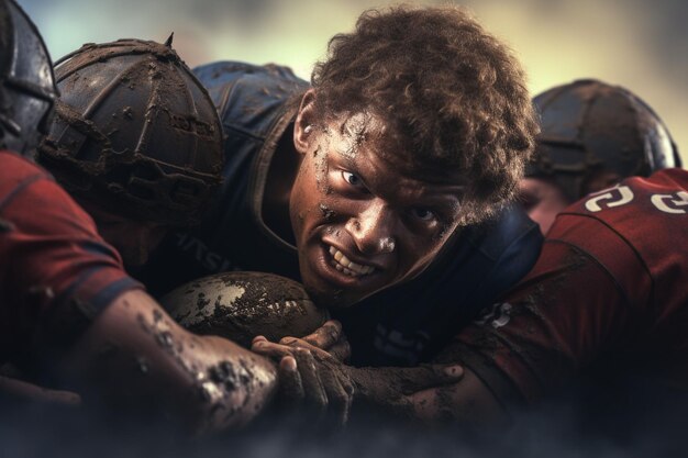 Jóvenes jugadores de rugby involucrados en un scrum durante un ai generativo