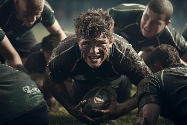 Jóvenes jugadores de rugby involucrados en un scrum durante un ai generativo