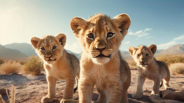 Foto jóvenes leones curiosos que exploran el mundo