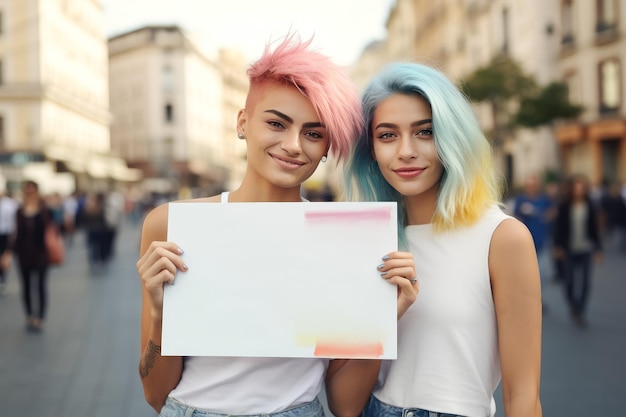 Jóvenes lesbianas en la calle sostienen una pancarta durante una marcha callejera por los derechos LGBT Lugar para texto El concepto de tolerancia a la diversidad e identidad de género IA generativa
