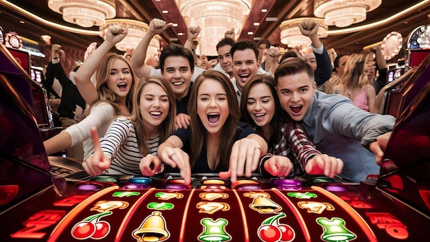 Jóvenes en una máquina tragamonedas en el casino