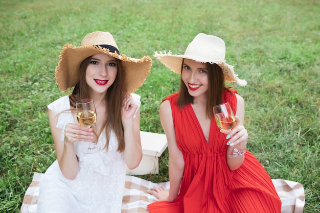 Jóvenes muchachas atractivas en un picnic en un parque de la ciudad.