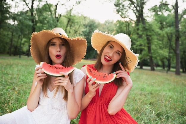 Jóvenes muchachas atractivas en un picnic en un parque de la ciudad.