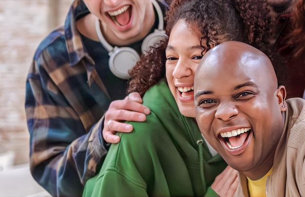 Jóvenes multirraciales riendo a carcajadas en un día soleado en las calles de la ciudad