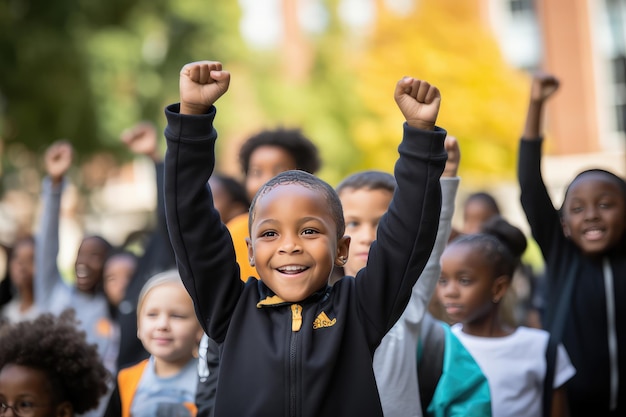 Jóvenes y niños felices estudiantes reunidos celebrando el Día del Estudiante