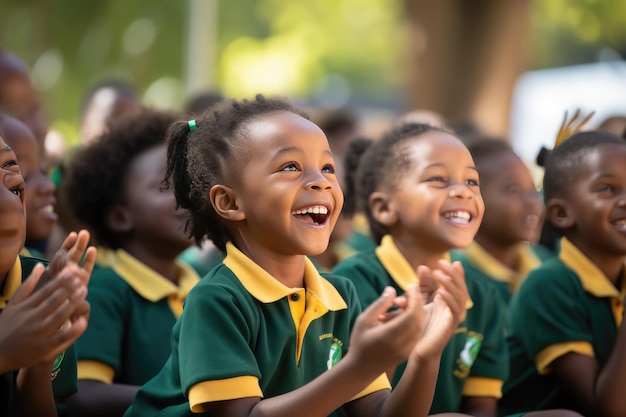 Jóvenes y niños felices estudiantes reunidos celebrando el Día del Estudiante