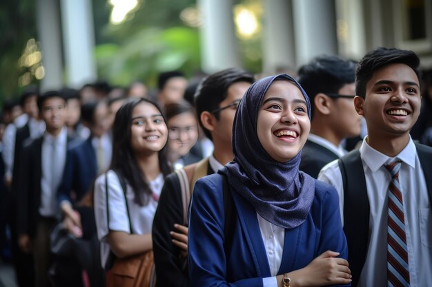 Jóvenes y niños felices estudiantes reunidos celebrando el Día del Estudiante