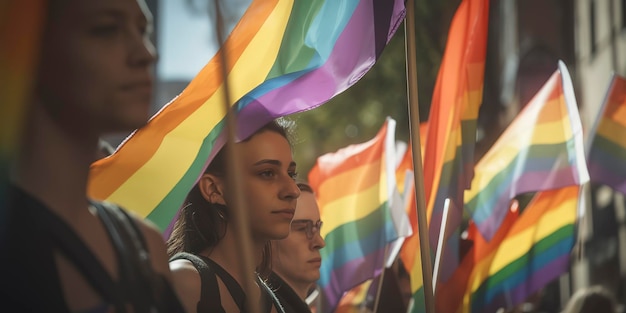 Foto los jóvenes ondean banderas y carteles del arcoíris en el desfile del orgullo gay anual generative ai