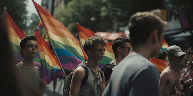 Los jóvenes ondean banderas y carteles del arcoíris en el Desfile del Orgullo Gay anual Generative AI