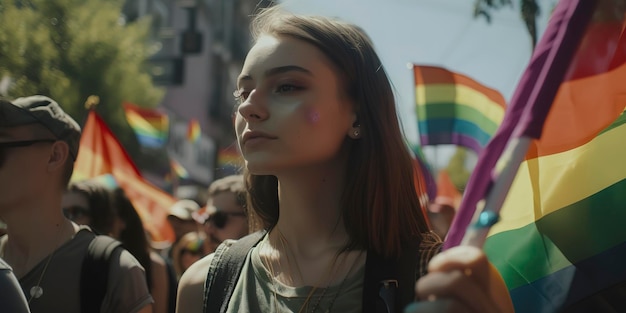 Foto los jóvenes ondean banderas y carteles del arcoíris en el desfile del orgullo gay anual generative ai