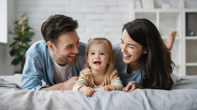 Jóvenes padres caucásicos felices riendo mientras yacen en su cama con su hija pequeña.