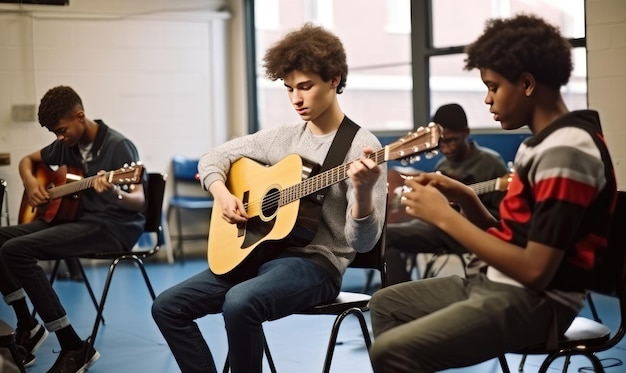 Foto los jóvenes participan en una sesión de jammeo de guitarra