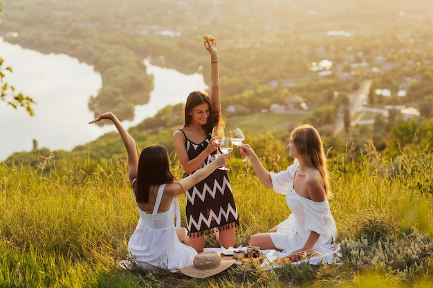 Jóvenes con picnic de verano y comiendo y bebiendo vino blanco juntos sentados en la cima de la montaña.
