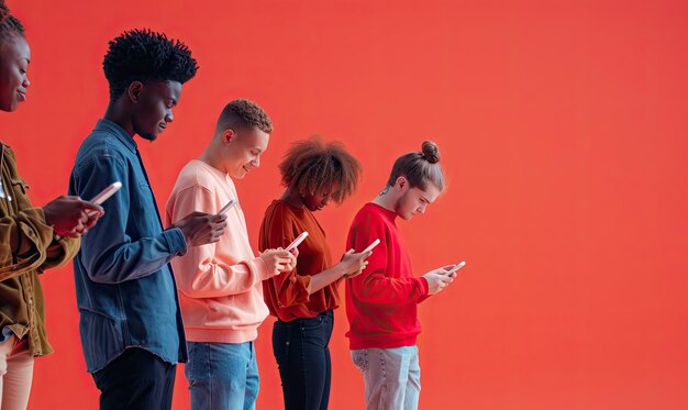 Foto jóvenes de pie en una fila todos mirando a los teléfonos