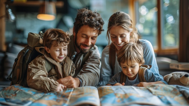 Jóvenes planifican vacaciones familiares juntos Padres con hijos mirando el mapa