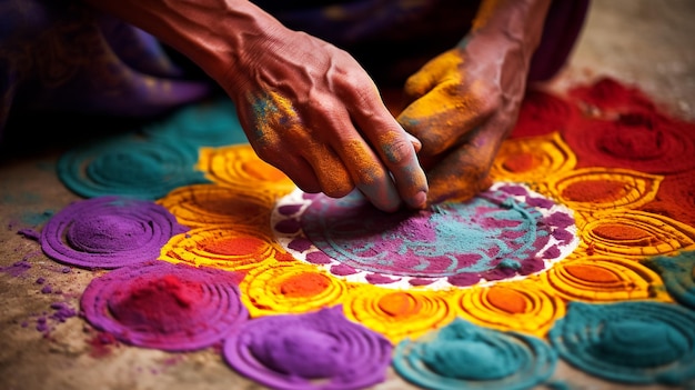 jóvenes con polvo colorido en las manos en el festival de Holi