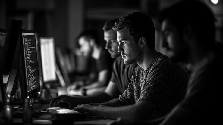 Foto jóvenes profesionales codificando en un espacio de trabajo débilmente iluminado durante una sesión tecnológica nocturna