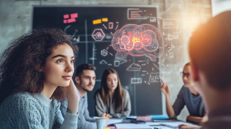 Jóvenes profesionales participan en una sesión de tormenta de ideas innovadora en un entorno de oficina moderno