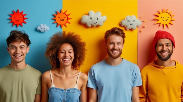 Jóvenes sonriendo y de pie frente a una pared colorida