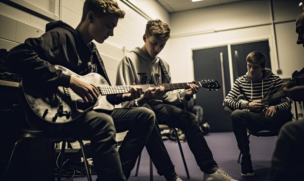 Foto jóvenes tocando la guitarra en grupo