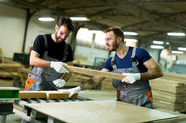 Los jóvenes trabajadores trabajan en una fábrica para la producción de muebles