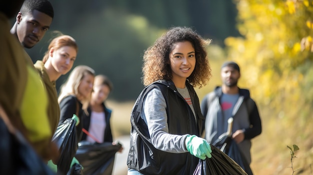 A los jóvenes trabajadores voluntarios les gusta hacer limpieza al aire libre de caridad y proyectos de clasificación de basura como grupo IA generativa