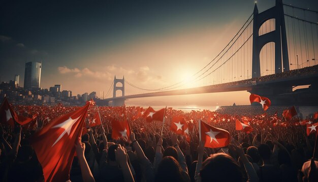 Jóvenes turcos celebran el día de la independencia con banderas turcas en el puente del Bósforo