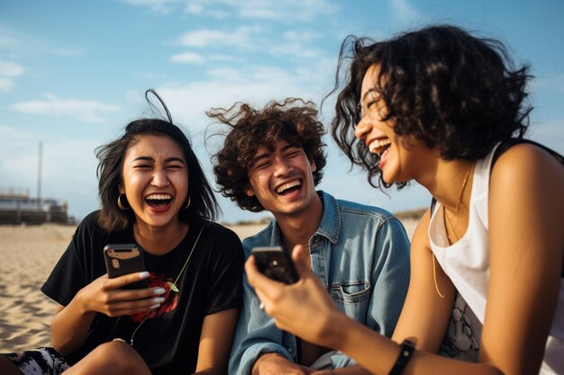 jóvenes usando y mirando teléfonos móviles y tabletas juntos