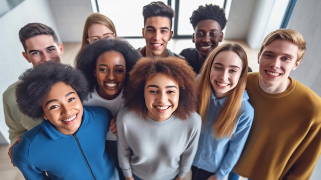 Jóvenes de varias razas parados en un círculo sonriendo a la cámara GENERAR IA