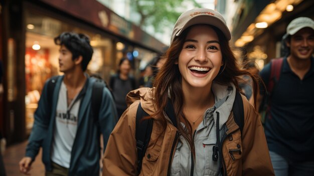 Jóvenes visitantes alegres disfrutando de las atracciones de la ciudad xA