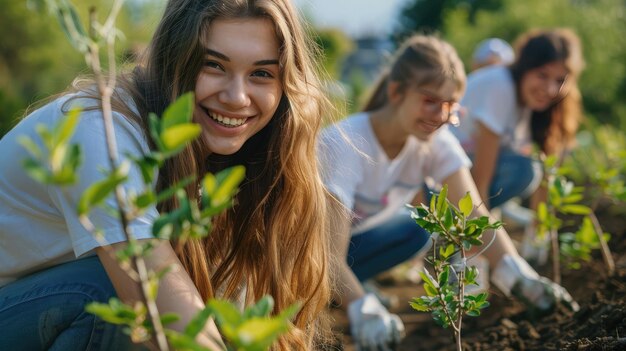 Jóvenes voluntarios sonrientes plantando árboles para la conservación del medio ambiente en el Día Internacional de la Juventud