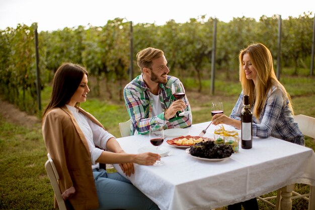 Jovens à mesa na vinha